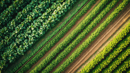 Aerial view of a large-scale farm with neatly arranged rows of crops.の素材