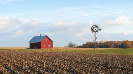 A windmill in the background of a rural farm, symbolizing the blend of tradition and technology in agriculture.の素材