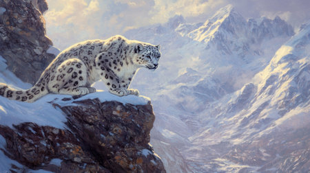 An elusive snow leopard crouching on a rocky ledge, its spotted coat blending seamlessly with the snowy mountain backdrop.の素材