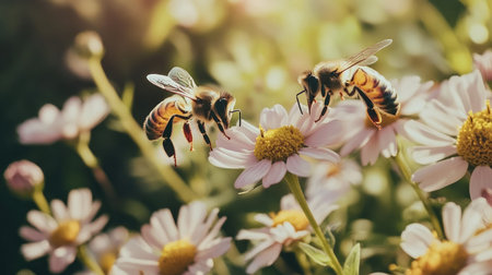 Bees pollinating flowers on a farm, emphasizing the role of pollinators in agriculture.の素材