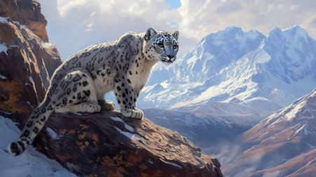 An elusive snow leopard crouching on a rocky ledge, its spotted coat blending seamlessly with the snowy mountain backdrop.の素材