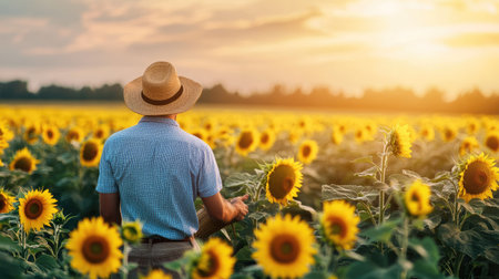 A young farmer working in a field of sunflowers, promoting modern farming practices.の素材