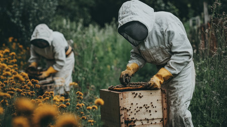 Beekeepers inspecting a hive on a farm, promoting pollination and the health of the agricultural ecosystemの素材
