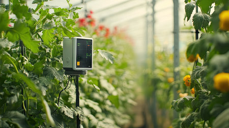 Advanced sensors attached to plants, monitoring growth conditions and sending data to a central system.の素材