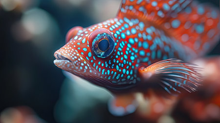Close-up of a unique sea fish species with intricate patterns and vibrant hues, set against a blurred, oceanic background -の素材