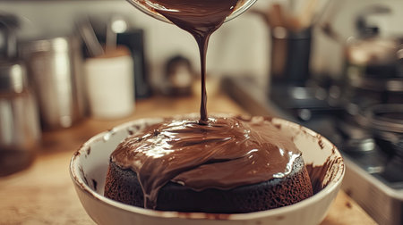 Chocolate ganache being poured over a cake in a beautifully styled kitchen.の素材