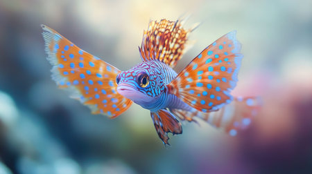 Close-up of a beautiful, exotic sea fish with elaborate fins and striking colors, set against a blurred ocean backgroundの素材