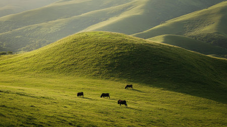 Cattle grazing on a grassy hill, part of an eco-friendly agricultural systemの素材