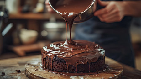 Chocolate ganache being poured over a cake in a beautifully styled kitchen.の素材