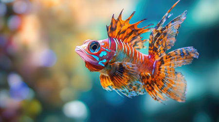 Close-up of a beautiful, exotic sea fish with elaborate fins and striking colors, set against a blurred ocean backgroundの素材