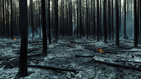 Burned forest with blackened tree trunks and ash-covered ground, highlighting the extensive damage caused by the fireの素材
