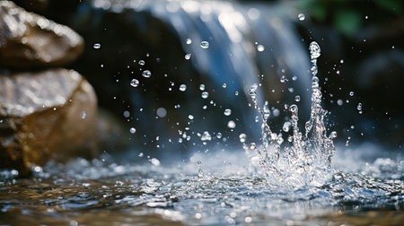 Close-up of water droplets splashing as a waterfall hits the surface of a tranquil pool below.の素材