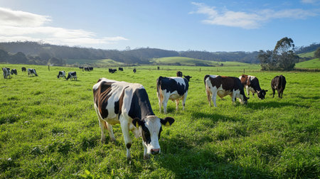 Cows grazing in a lush pasture under a bright blue sky on an organic farm.の素材
