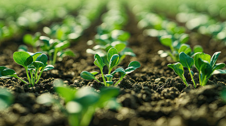 Close-up of green seedlings sprouting in a well-maintained crop field.の素材