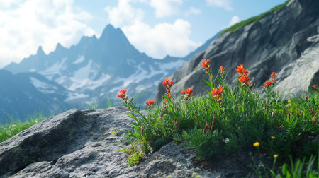 Close-up of alpine flora growing on a rugged mountain slope, with a backdrop of towering peaks.の素材
