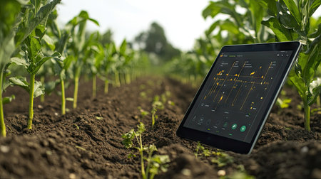 Close-up of an app displaying soil health, crop growth, and weather data on a farmer's tablet.の素材