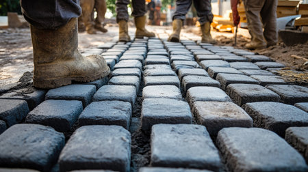 Close-up of workers laying bricks for a cobblestone road, with precision and attention to detail.の素材