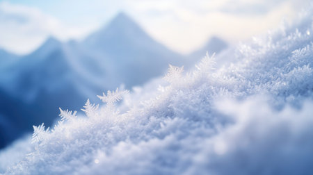 Close-up of snowflakes on a snowy mountain peak, capturing the intricate details of the frozen landscape.の素材
