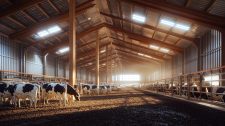 Dairy cows being milked in a modern barn, part of a large-scale agricultural operation.の素材