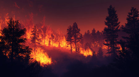 Dramatic scene of a forest fire at dusk, with the flames casting an eerie glow against a darkening sky.の素材