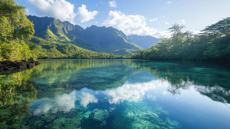 Crystal clear water of a secluded lagoon reflecting the surrounding mountains and trees.の素材