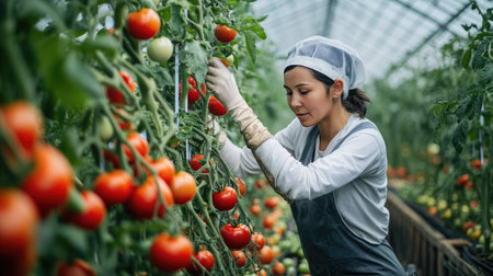 Farmworker picking tomatoes in a greenhouse, using sustainable agriculture techniques for quality produce.の素材