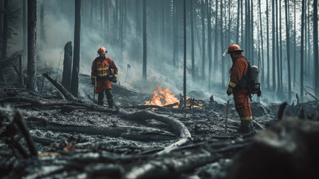 Firefighters in protective gear surveying the damage after a forest fire, with smoldering debris and burned trees in the background.の素材