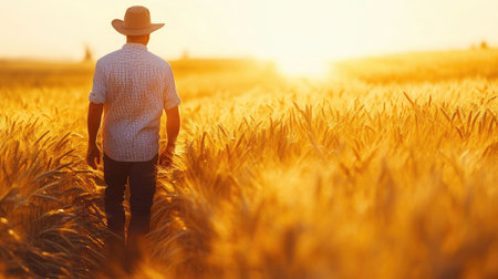 Farmer walking through a golden wheat field, inspecting the growth of crops under the bright sunlight.の素材