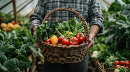 Farmer holding a basket of organic vegetables in a greenhouse, promoting sustainable agriculture.の素材