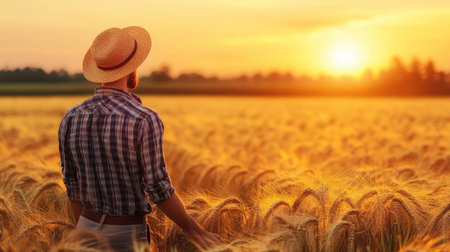 Farmer inspecting a golden wheat field at sunrise, symbolizing growth and harvest.の素材
