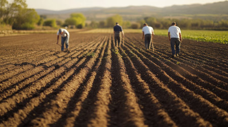 Farmers planting seeds in neat rows, preparing the land for the next harvest season.の素材
