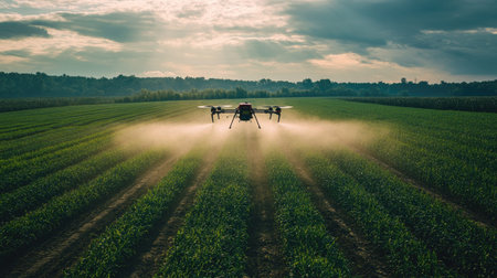 Farmer using a drone to spray pesticides evenly across a large field, highlighting efficiency in farming.の素材