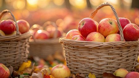 Freshly picked apples in baskets in a scenic orchard, representing the fall harvestの素材
