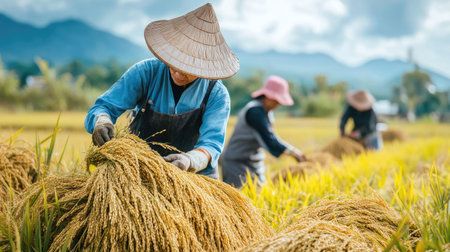 Farmers harvesting rice in traditional clothing, working together in a rice paddy.の素材