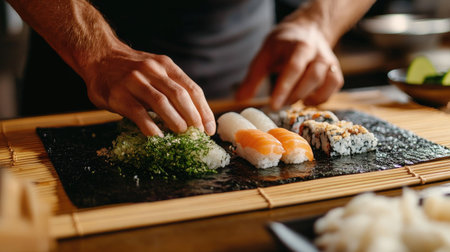 Fresh sushi being rolled with precision, ingredients laid out on a bamboo matの素材