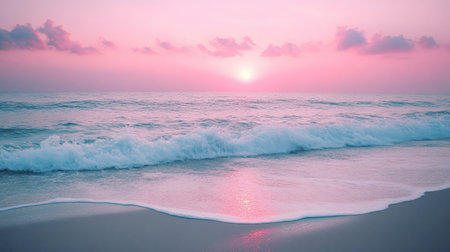 Gentle ocean waves rolling onto a pristine sandy beach at sunset, with a pink sky in the background.の素材
