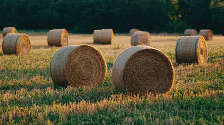 Freshly cut hay bales dotting a field, symbolizing the end of the summer harvest.の素材