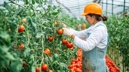Farmworker picking tomatoes in a greenhouse, using sustainable agriculture techniques for quality produce.の素材