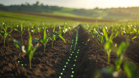 High-tech sensors in a field measuring soil quality, moisture, and nutrient levels for better crop management.の素材