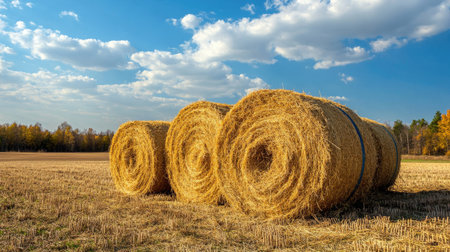 Freshly baled hay stacked in a field, ready to be used as feed for livestock on a farm.の素材