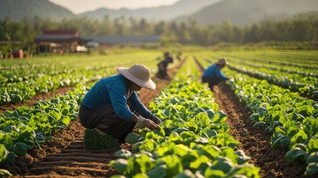 Farmers working in a field of leafy greens, practicing sustainable agriculture for local markets.の素材