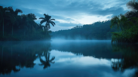 Lagoon at dawn with mist rising from the water, surrounded by tropical forests.の素材