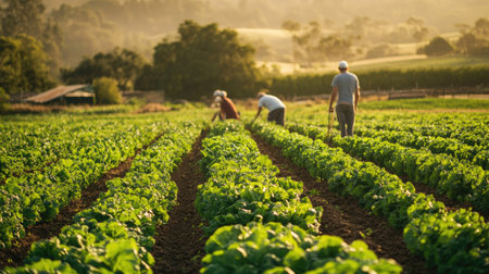 Farmers working in a field of leafy greens, practicing sustainable agriculture for local markets.の素材