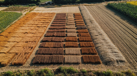 Freshly harvested crops laid out in a field, drying in the sun before being processed.の素材