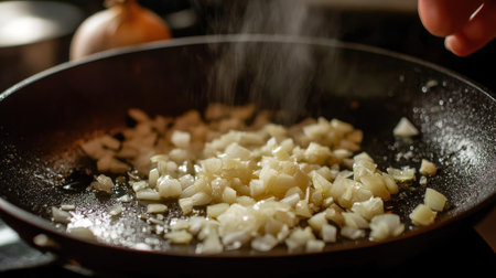 Freshly chopped garlic and onions being added to a sizzling pan with olive oil.の素材