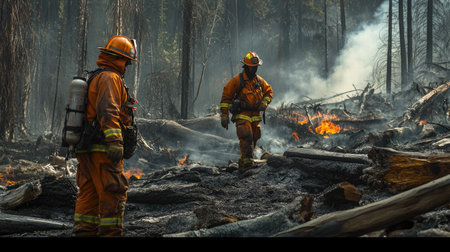 Firefighters in protective gear surveying the damage after a forest fire, with smoldering debris and burned trees in the background.の素材