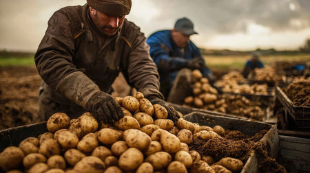 Farmers sorting freshly harvested potatoes, ready for storage and distribution.の素材