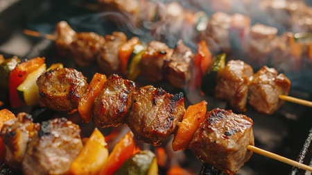 Grilling skewers of marinated meat and vegetables over an outdoor barbecue.の素材