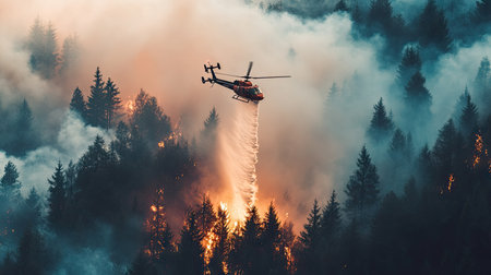 Helicopter dropping water over a forest fire, with smoke and flames visible below, illustrating aerial firefighting tacticsの素材