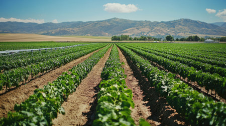 High-tech irrigation system automatically watering rows of crops, optimizing water usage for sustainable farming. 78d141f87de2の素材